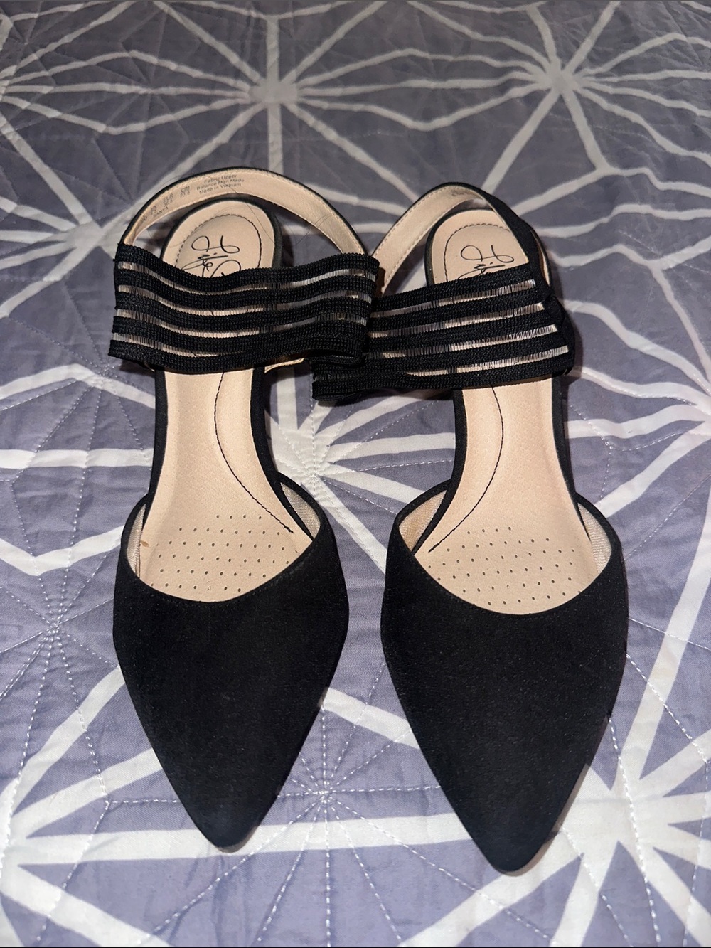 Life Stride Black Pointed Toe Slingback Flats with Striped Elastic Strap